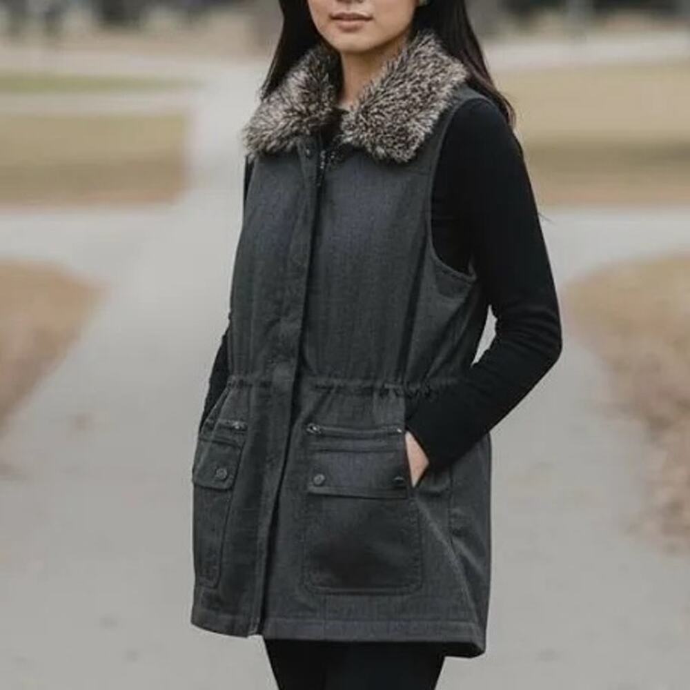 J.Jill Small Petite Faux Fur Collar Utility Vest Women’s Quilted Brown Layering